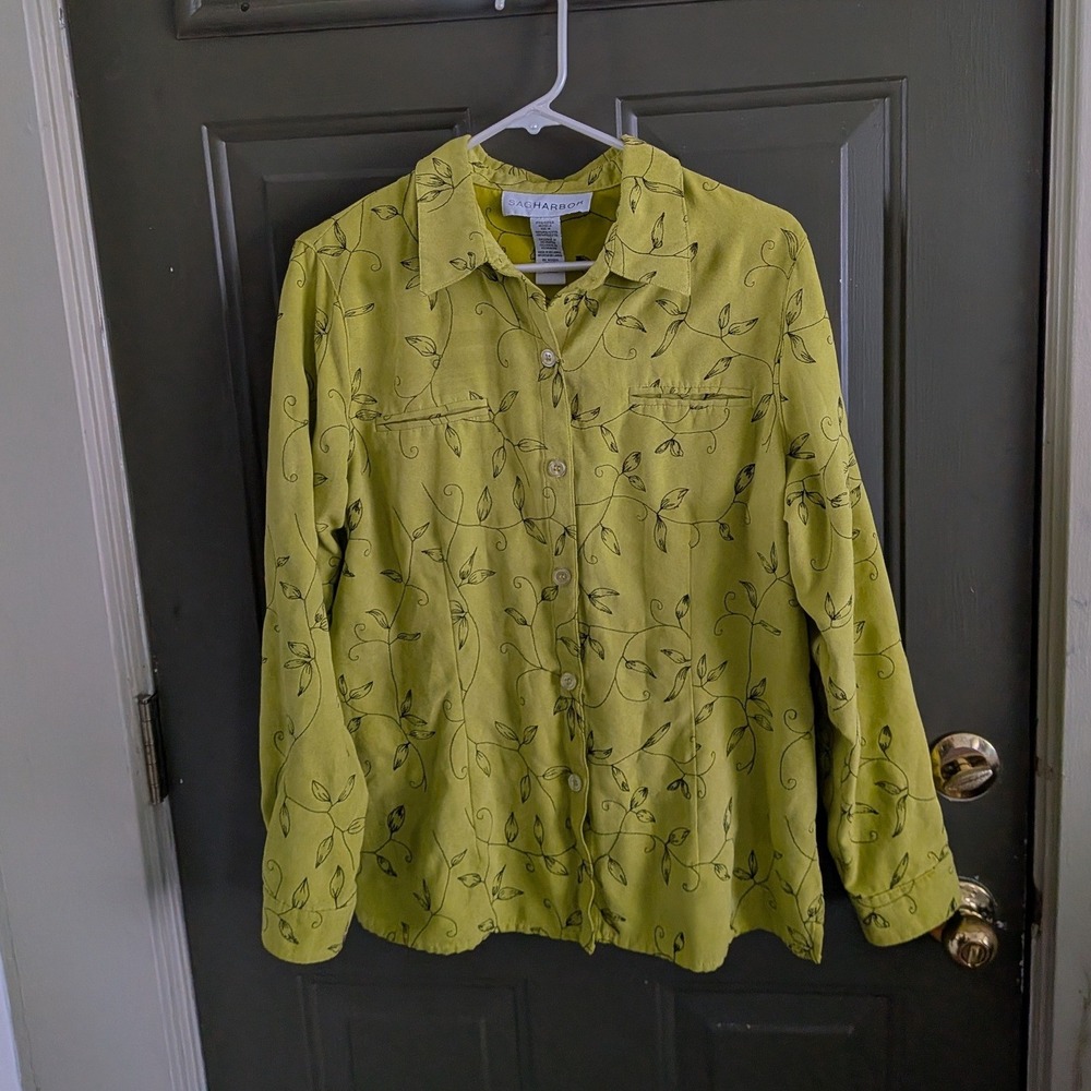 Cottagecore Vintage Sag Harbor Chartreuse Green Embroidered Button Down Shirt 14